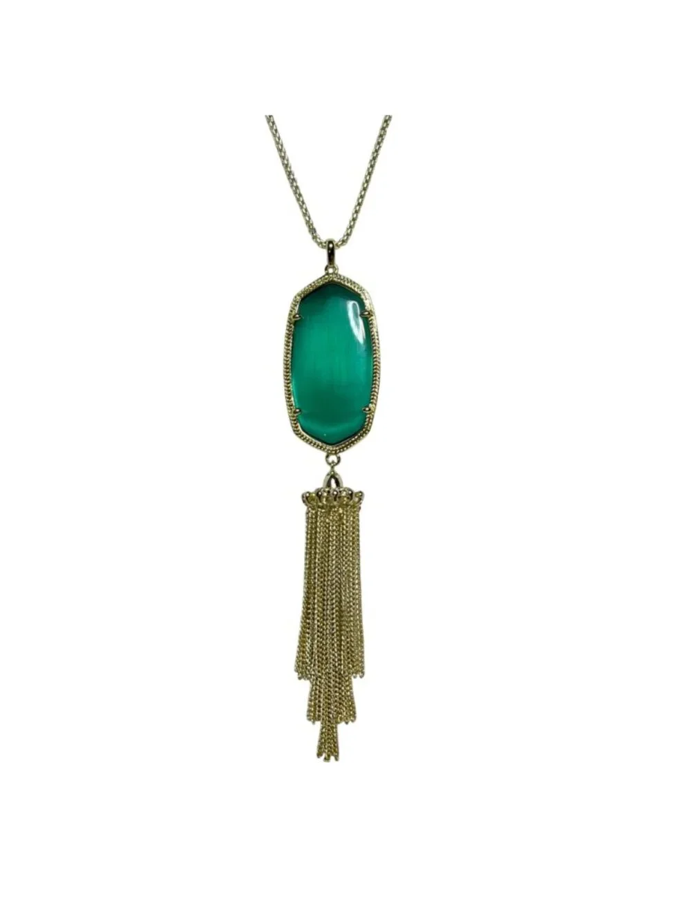 Kendra Scott Gold Tone Curved Box Chain Necklace W/ Green Tassel Pendant (6382) - Picture 2 of 6